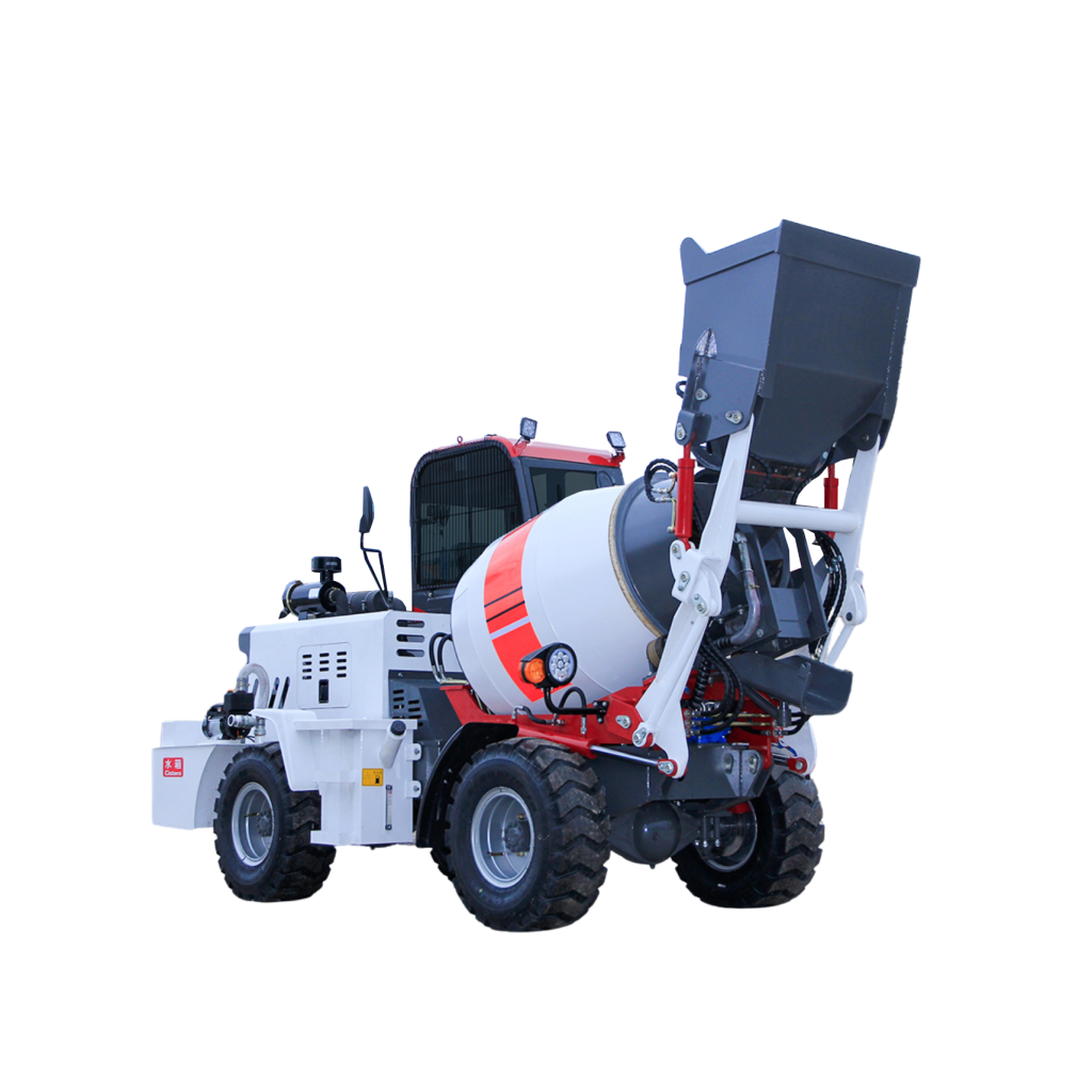 A self-loading concrete mixer with front-loading bucket and rotating drum, isolated on a transparent background.